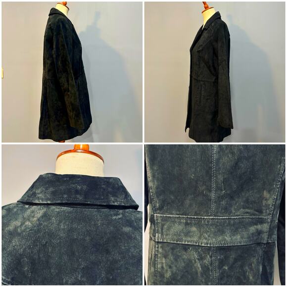 Vintage Black 100% Suede Leather Knee-Length Car Coat Jacket, Women's Size M - Picture 7 of 7